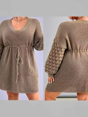 Plus Size V-Neck Lantern Sleeve Thick Drawstring Sweater Dress NWT